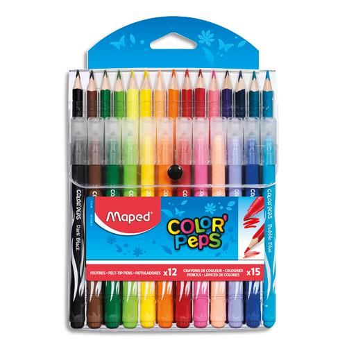 Pochette de 12 feutres Maped Long Life + 15 crayons de couleur Color'Peps