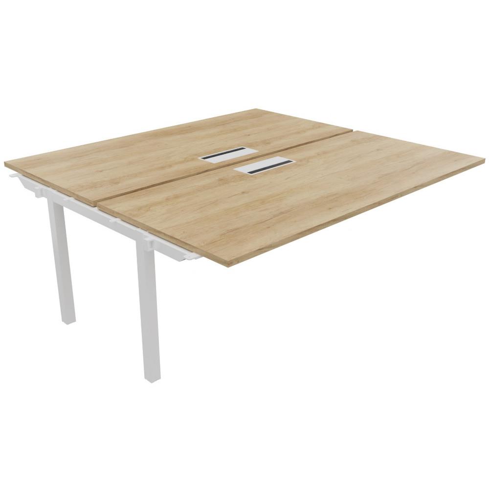 Bureau bench 2 postes Osmose suivant L180 x P163 cm Plateaux Ch�ne Nebraska avec trappe d'acc�s aux c�bles Pieds m�tal Blanc