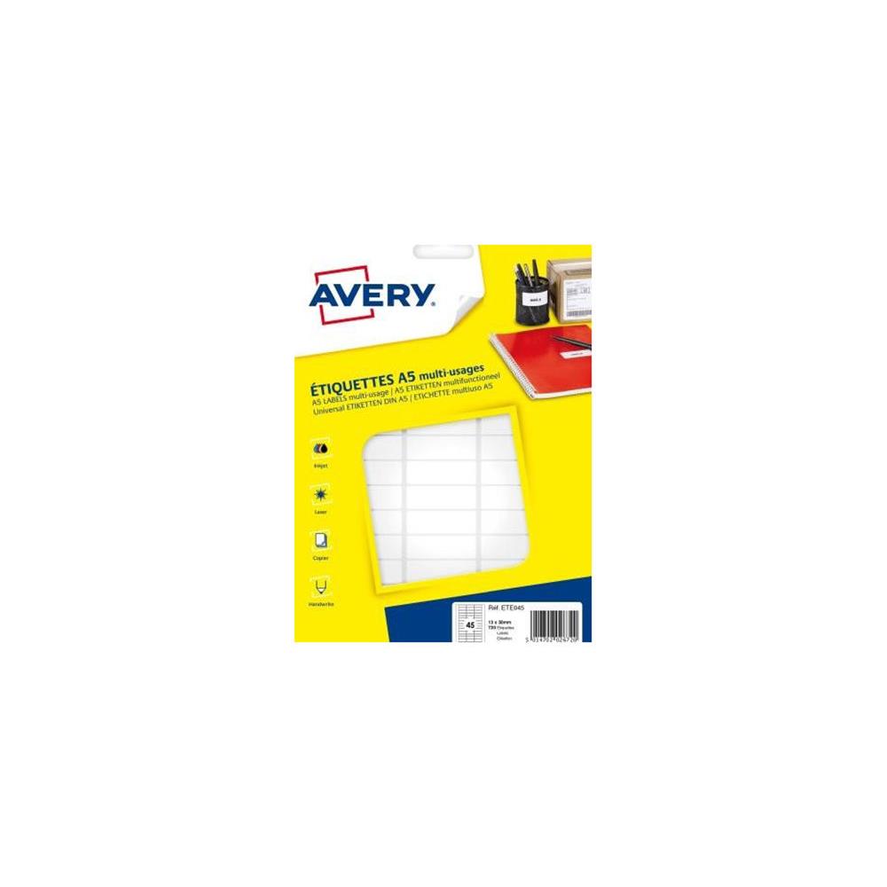 Etiquettes multi-usages Avery - ETE045 - 13 x 38 mm - 16 planches A5 - blanches - paquet de 720