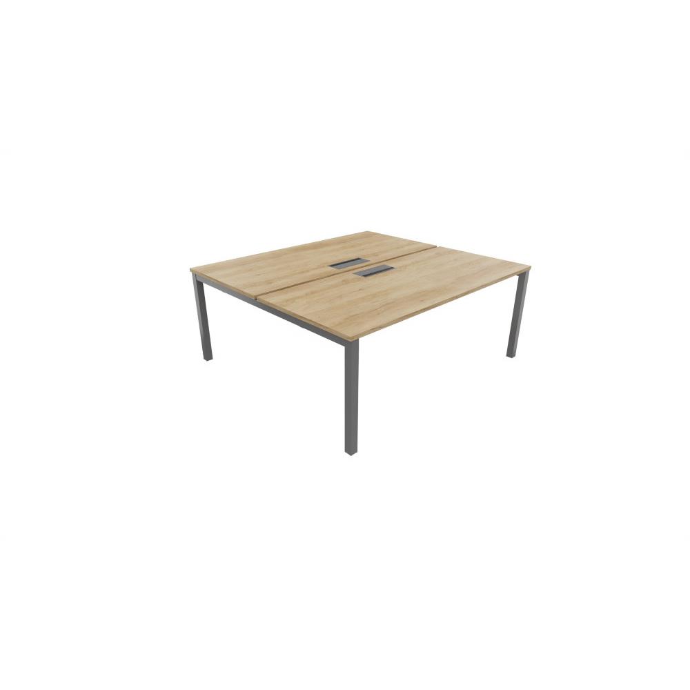 Bureau bench 2 postes Osmose d�part L180 x P163 cm Plateaux Ch�ne Nebraska avec trappe d'acc�s aux c�bles Pieds m�tal Aluminium