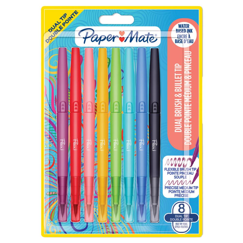 Stylo feutre  double pointe pinceau et moyenne Paper Mate Flair Dual - Pochette 8 couleurs assorties