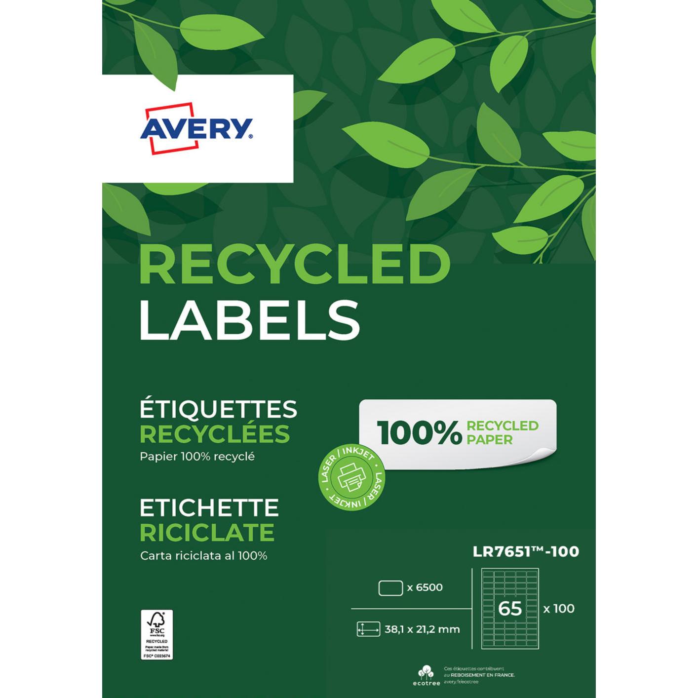 Etiquettes auto-adhsives d'adresses recycles Avery LR7651 - 38,1 X 21,2 mm - 100 feuilles, 65 tiquettes par feuilles A4 - Blanches