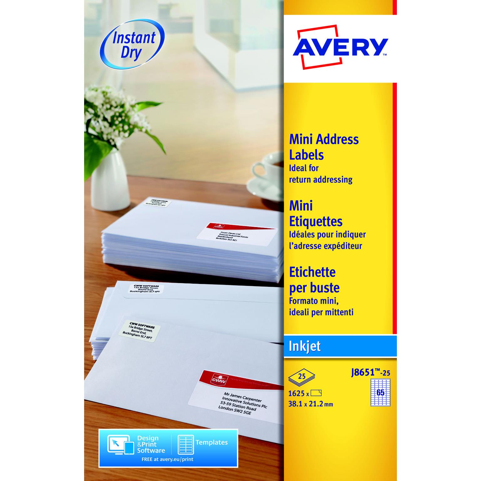 Etiquettes mini-adressage Avery J8651 - 25 planches - jet d'encre - format 3.8 x 2.1 cm