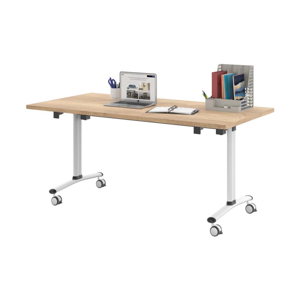 Table mobile � plateau basculant L160 x P80 cm - Plateau Ch�ne canadien pieds Blanc