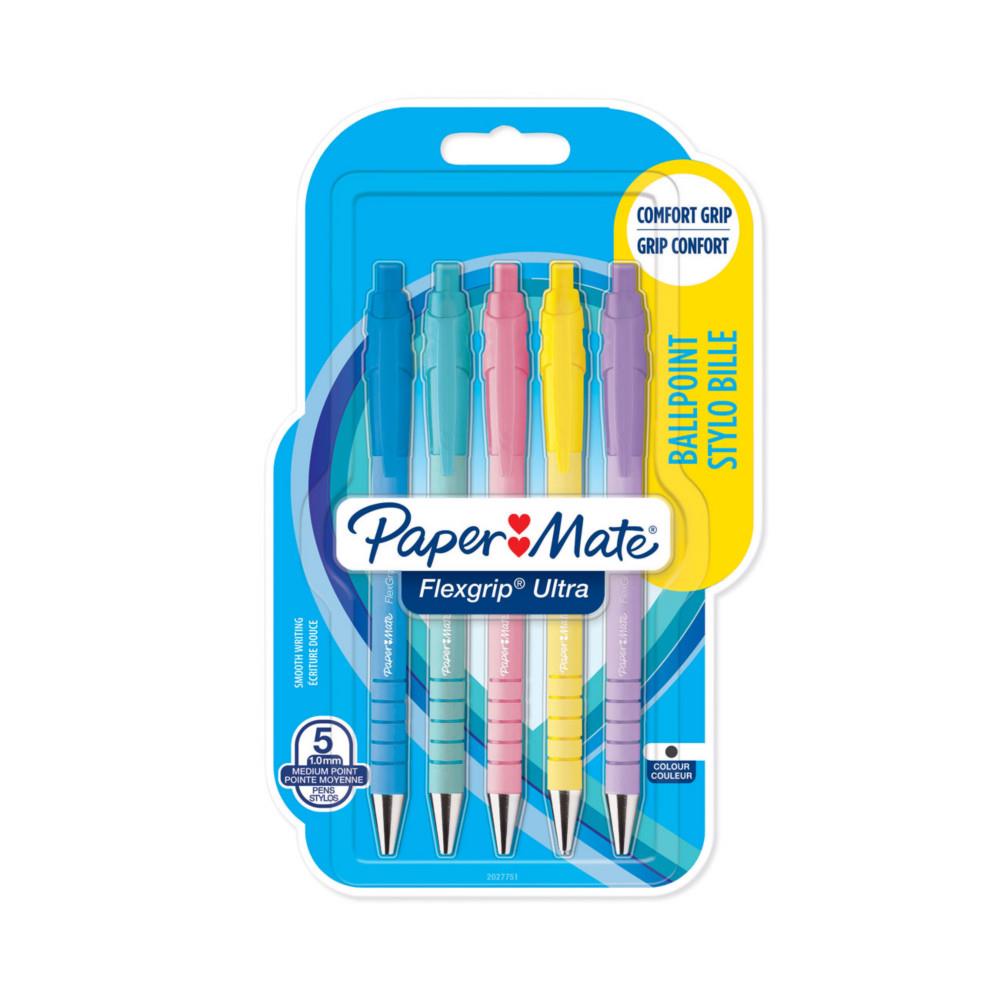Stylo bille rtractable Paper Mate Flexgrip Ultra RT - pointe moyenne 1 mm encre noire - lot de 5 couleurs pastel assorties