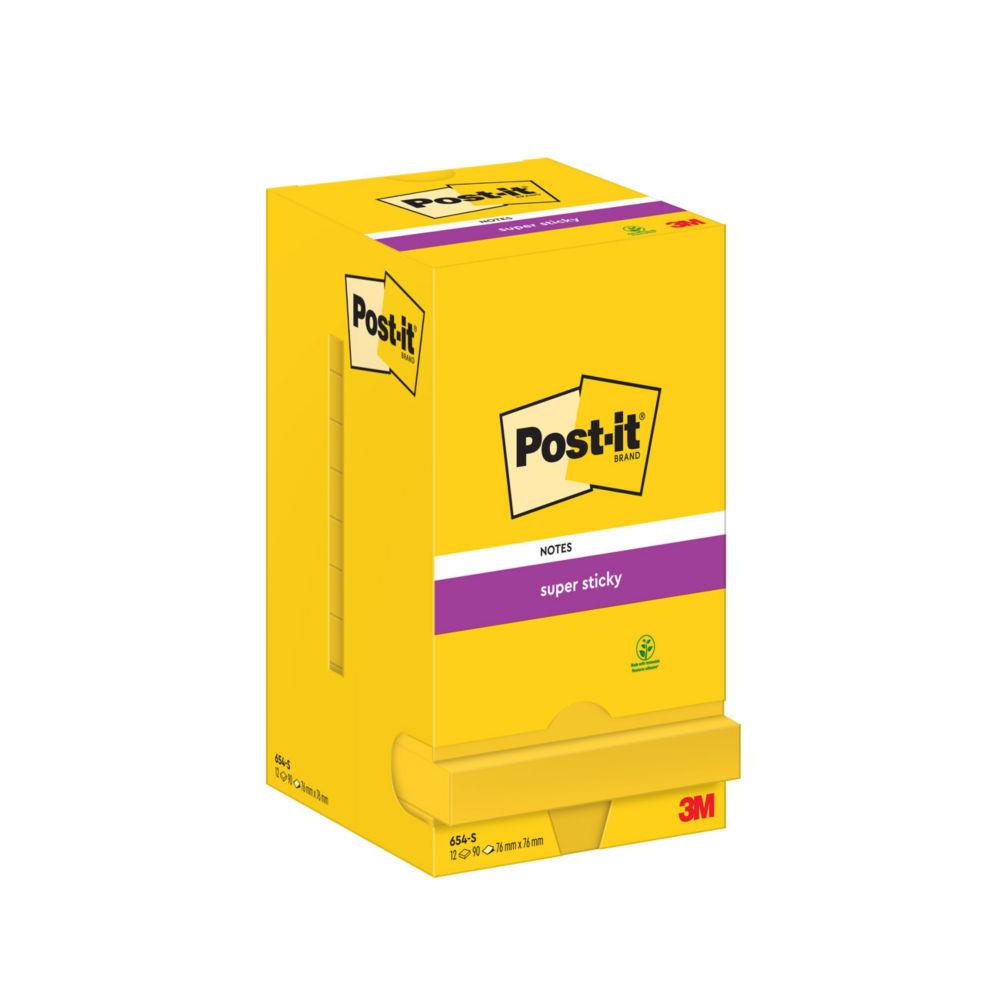 Notes repositionnables Post-it Super Sticky - carr - Jaune canari - 76 x 76 mm - lot de 12 blocs de 90 feuilles