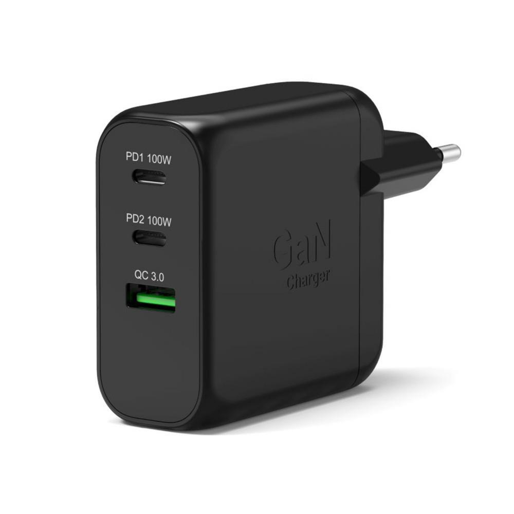 Chargeur mural Port Connect GAN� 100W avec �cran - 2x USB-C et 1x USB-A + C�ble USB-C / USB-C- Noir