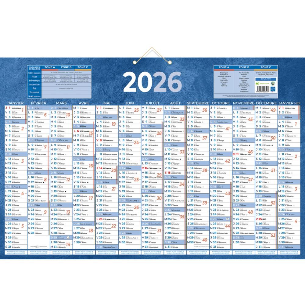 Calendrier mural annuel Bouchut - bleu - 43 x 65 cm