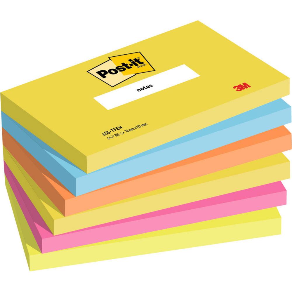 Bloc de notes Post-it SuperSticky Energetic 76x76 mm - Couleurs fluo et vives assorties - Lot de 6 blocs de 90 feuilles