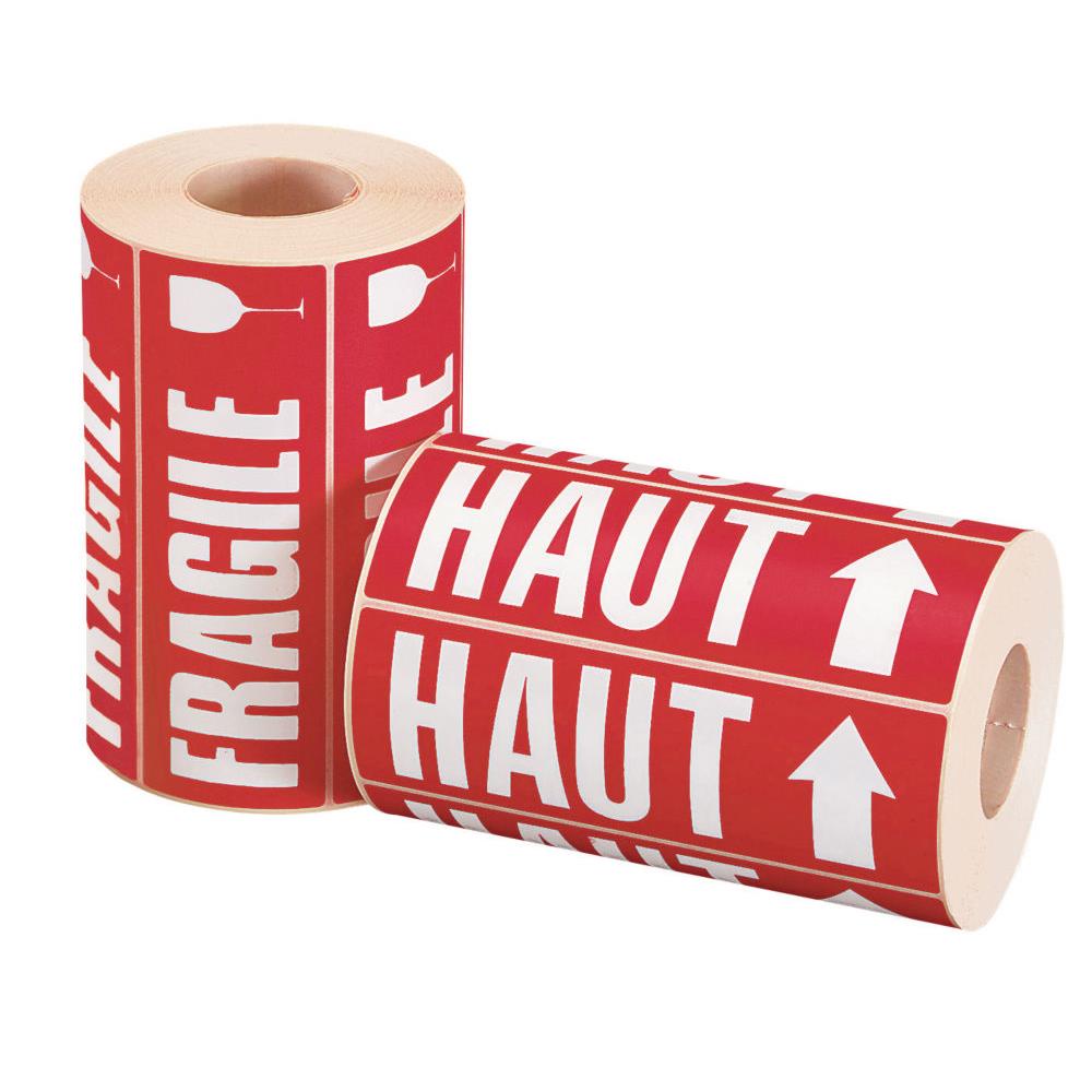 tiquettes adhsive pr-imprime "HAUT" - rouleau de 500 tiquettes 16,5 x 5,5 cm - paquet 2 units