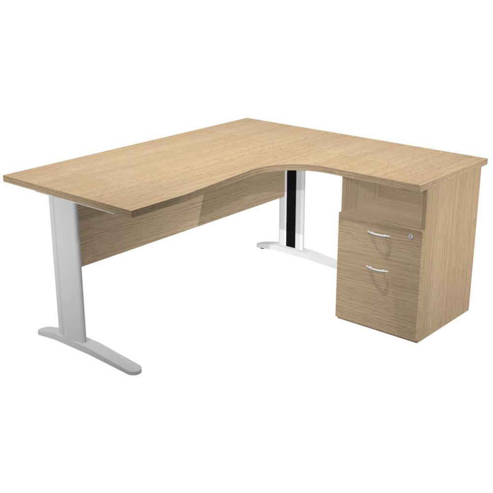Pack Pulse Prestige - 1 bureau compact retour  droite chne - pieds blancs  -  1 caisson hauteur bureau prof. 60 cm