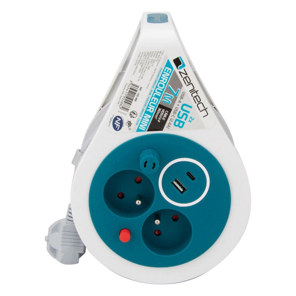 Mini enrouleurs 2 prises 16A Zenitech + 2 USB - Turquoise