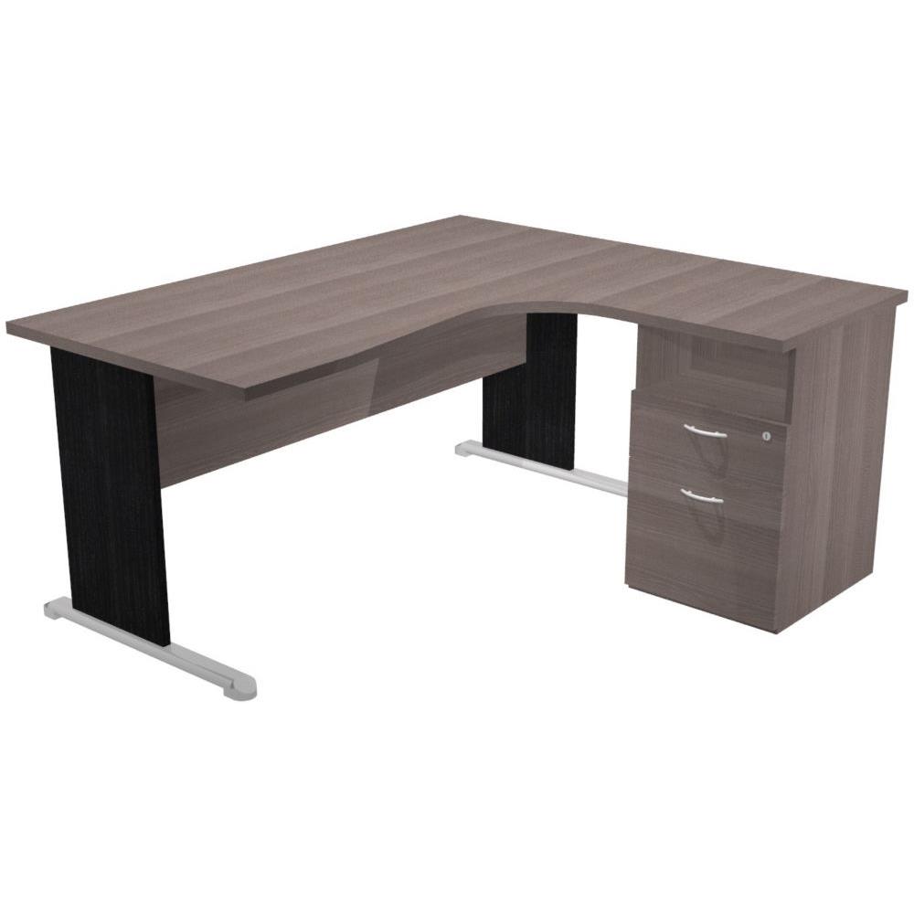Pack Pulse Tendance - 1 bureau compact retour  droite cendre pieds noirs - 1 caisson hauteur bureau prof. 60 cm