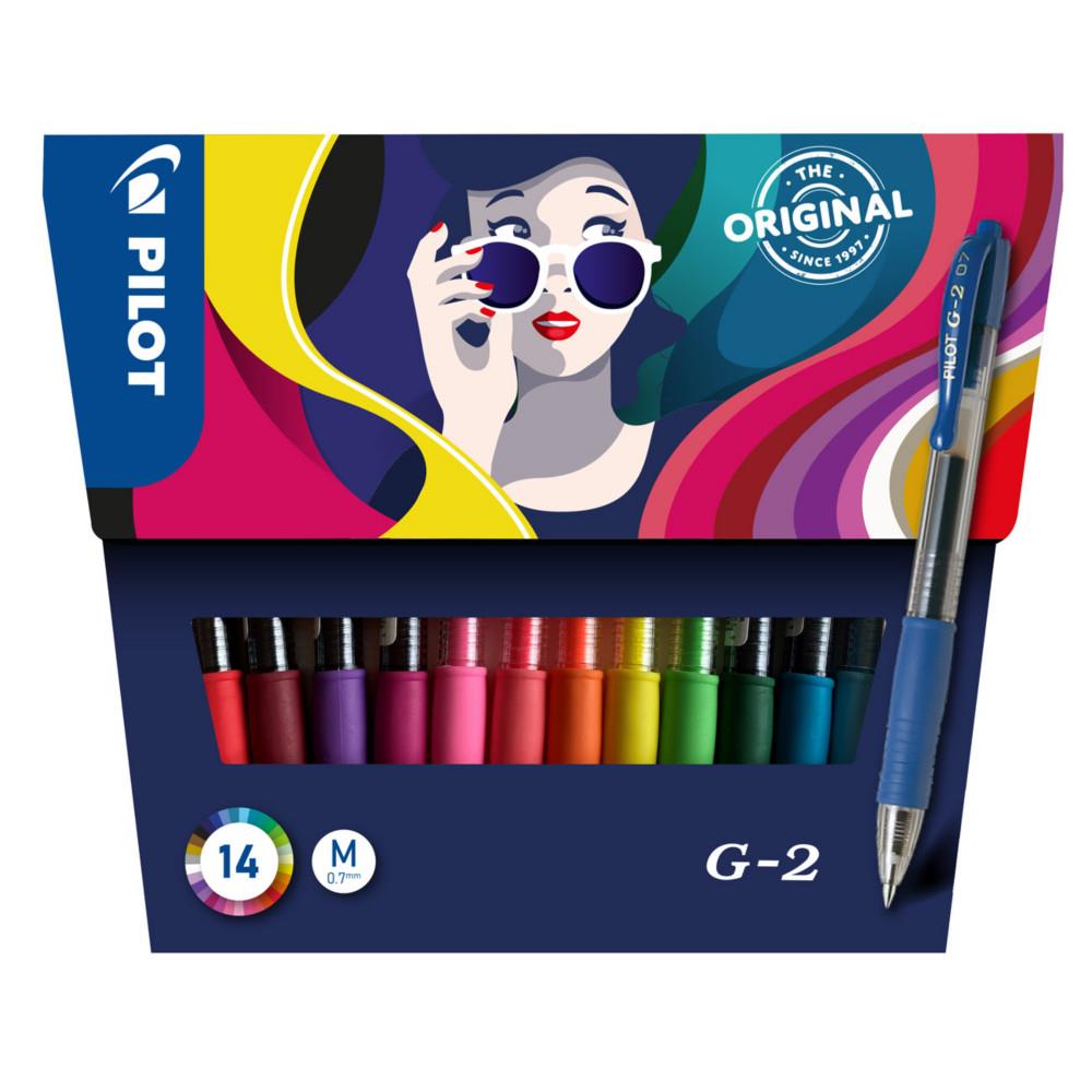 Stylo roller encre gel rtractable Pilot G2 pointe moyenne 0,7 mm - Pochette de 14 couleurs assorties