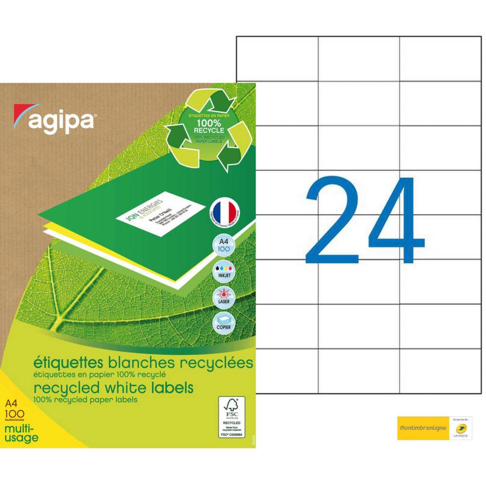 Etiquettes adresses recycles blanches Apli - 70 x 37 mm - 100 feuilles A4 - 2400 tiquettes par bote