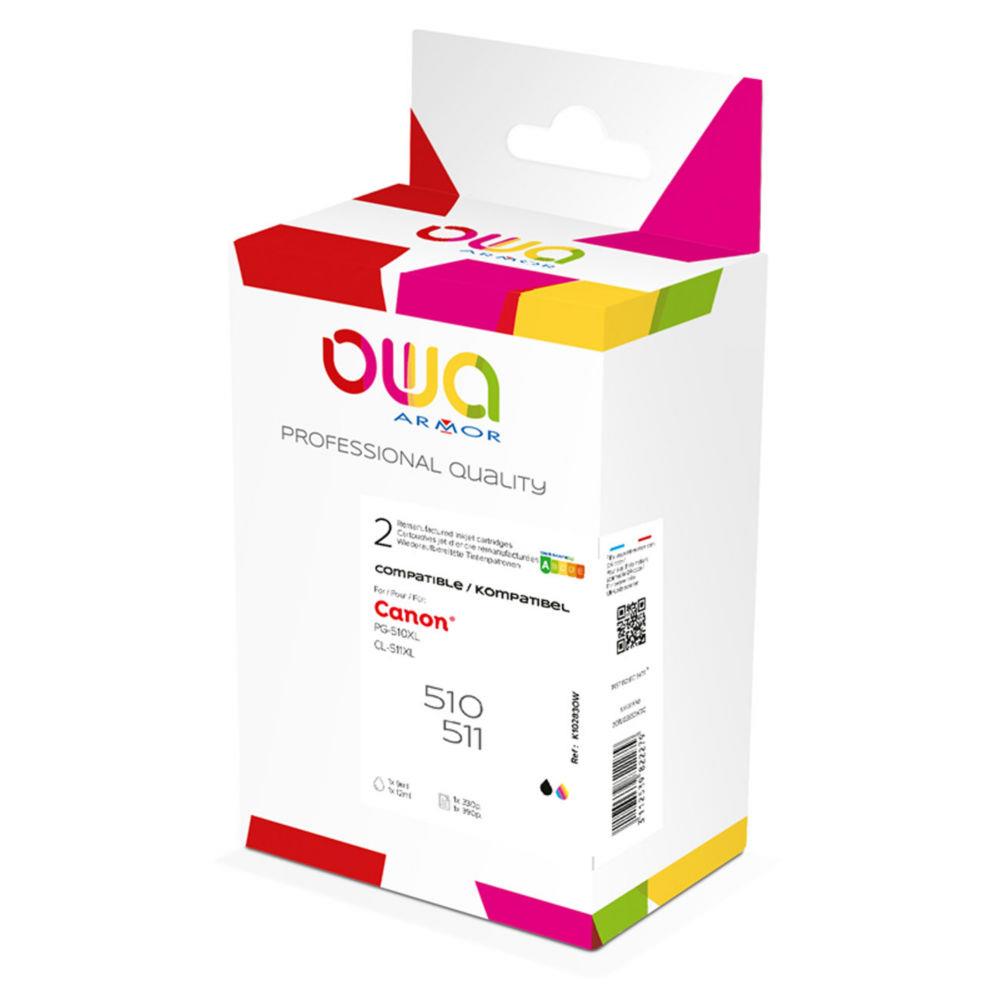 Cartouche d'encre remanufacture OWA - compatible CANON PG510 CL511 K10283OW - Pack de 4 : Noir + couleurs