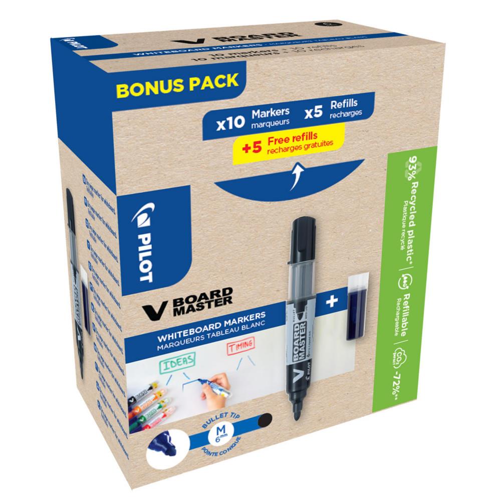 Marqueur pour tableaux blancs Pilot Begreen V Board Master Begreen - pointe 2.3 mm - Noir - Pack de 10 marqueurs + 10 recharges