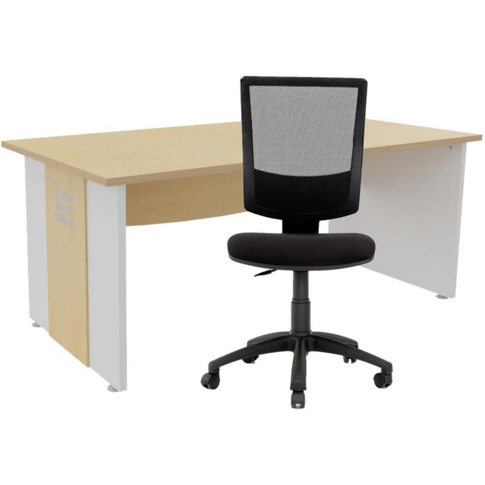 Pack Boreal : 1 bureau L 140 cm plateau Htre Pieds pleins Blanc + 1 sige Jenny maille,tissu Noir