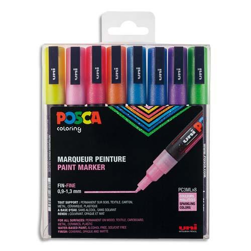 Coffret Uniball de 8 marqueurs peinture Posca paillets, pointe fine, couleurs assorties