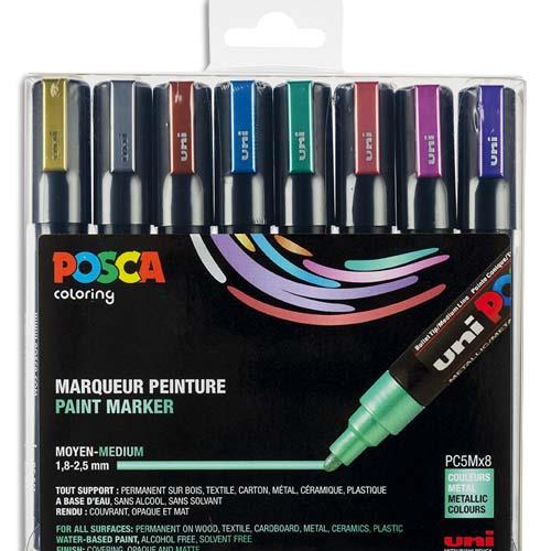 Coffret Uniball de 8 marqueurs peinture Posca mtalliss, pointe moyenne, couleurs assorties