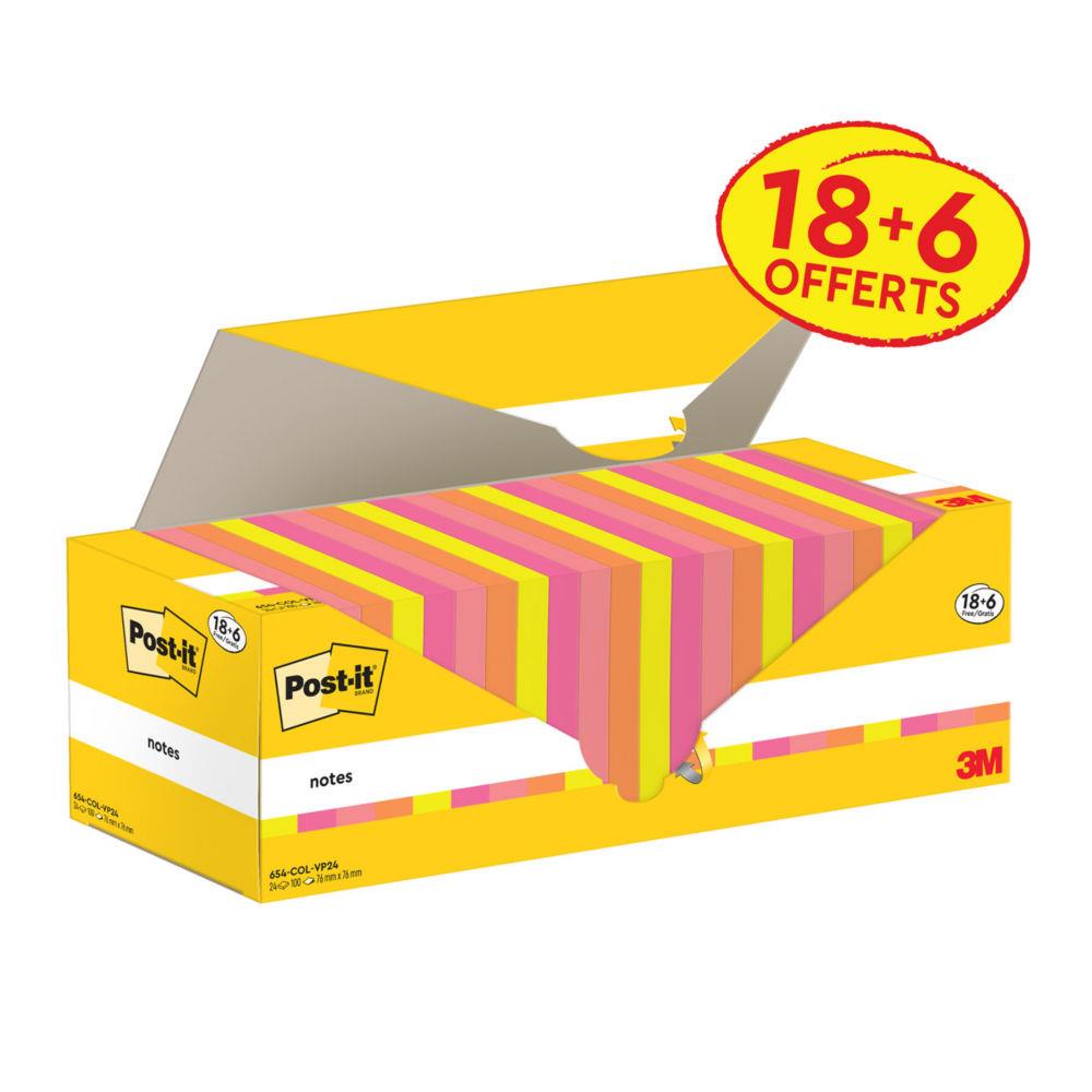Notes repositionnables Post-it 71 x 71 mm - Couleurs assorties - Pack 18 blocs de 100 feuilles + 6 gratuits