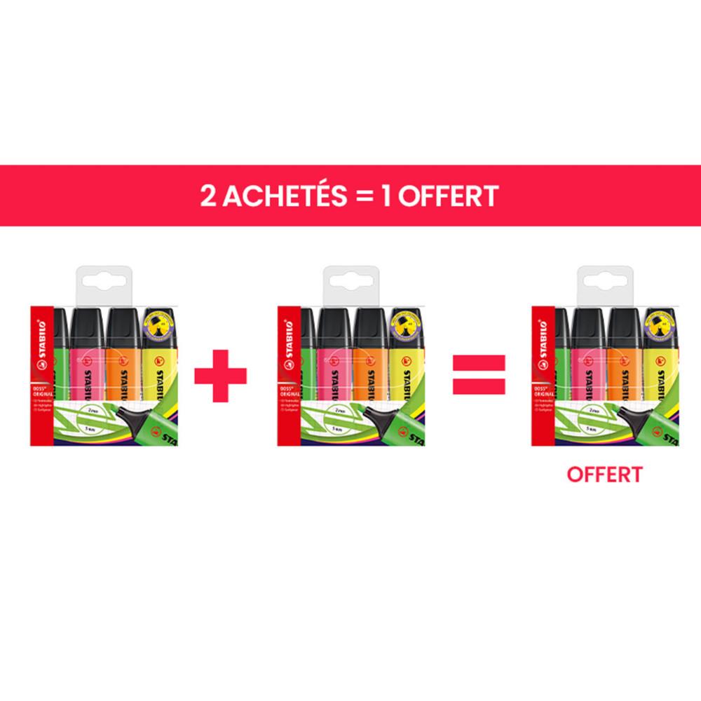 Surligneur BOSS ORIGINAL Stabilo pointe Stabilo biseaut�e 2 et 5 mm - Pochette de 4 coloris assortis - Offre 2 achet�s = 1 offert