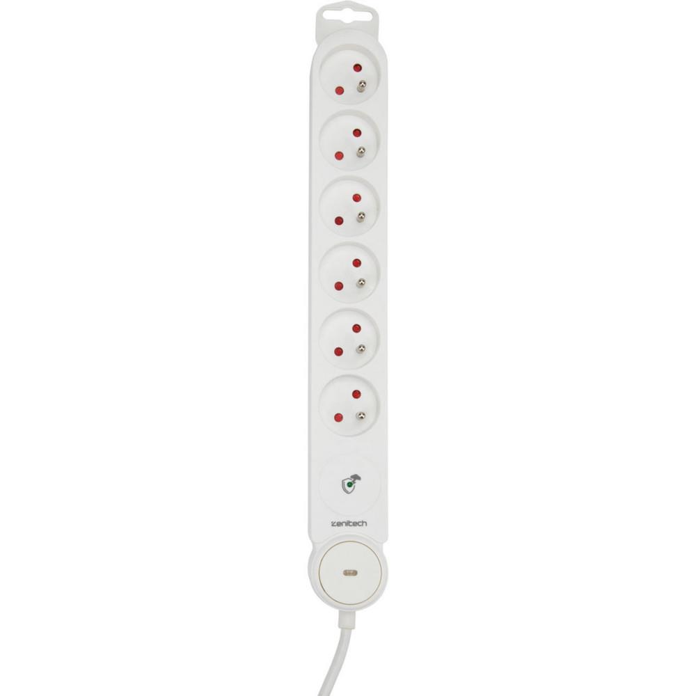 Multiprise Bloc Zenitech de 6 prises secteur en ligne IOTA - Avec interrupteur lumineux - Parafoudre - C�ble de 1,4 m - Blanche