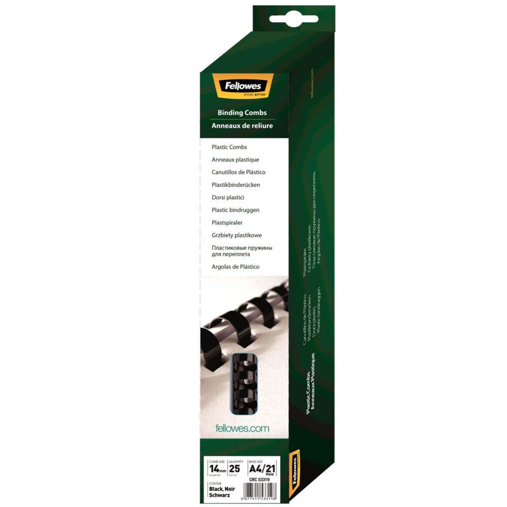 Baguette de reliure Fellowes - plastique -  anneaux 14 mm Noir - Bote de 25