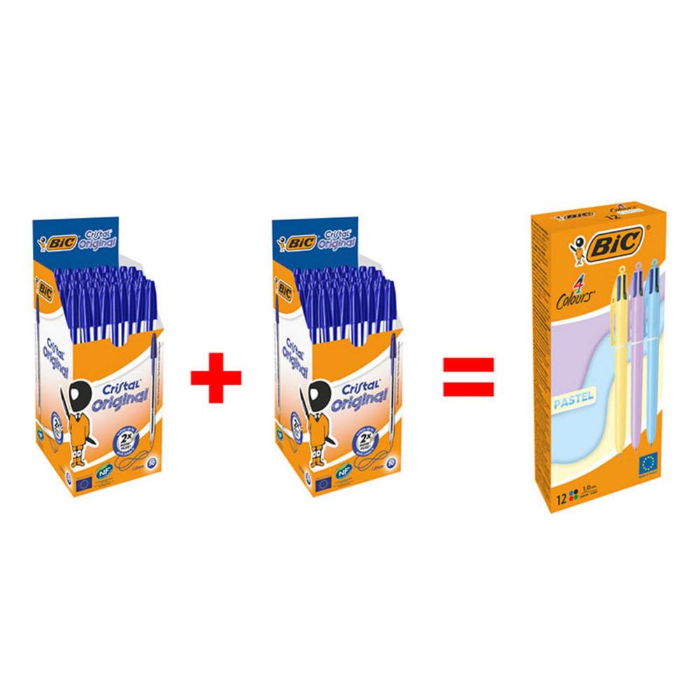 Pack 100 Cristal BIC Original Stylo bille Bleu + 12 BIC 4 Couleurs r�tractables corps pastel