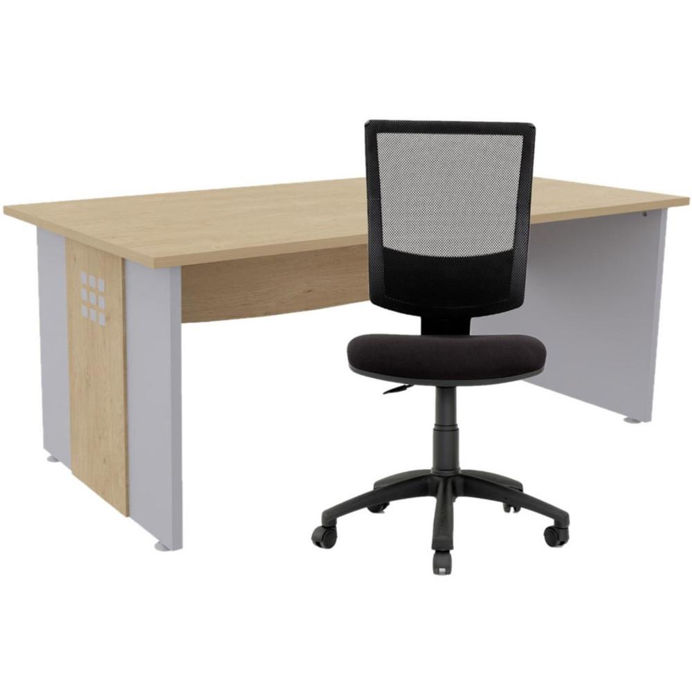 Pack Boreal : 1 bureau L 140 cm plateau Ch�ne Pieds pleins Alu + 1 si�ge Jenny maille,tissu Noir