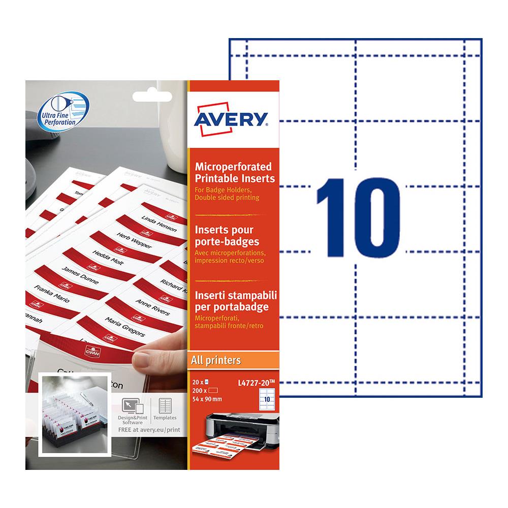 Insert pour badges - bord microperfor - format 5,4 x 9 cm - impression polyvalente - boite de 200