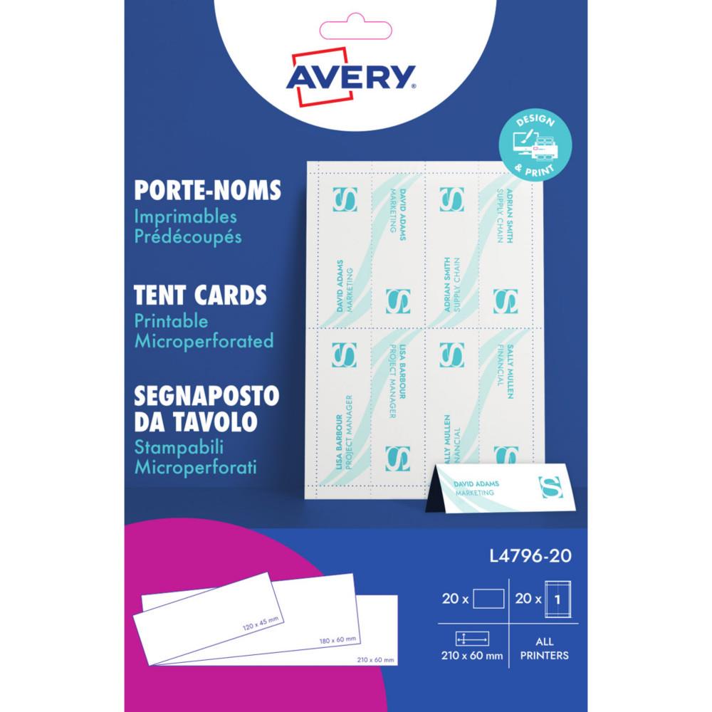 Porte-noms chevalet Avery imprimables pr�d�coup�s - L4796-20 - Dimensions 210 x 60 mm - Lot de 20 - Blanc