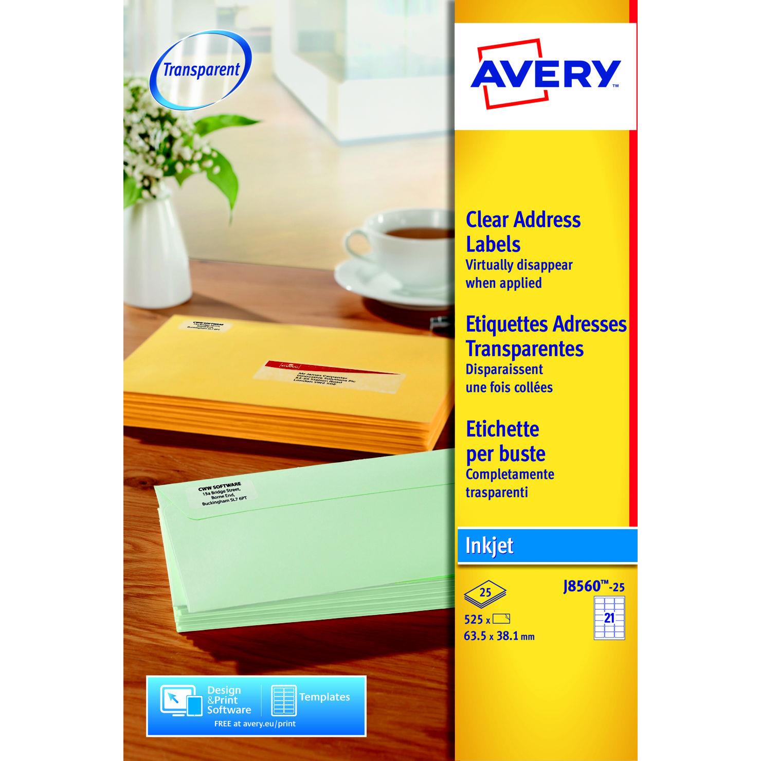 tiquettes transparentes Avery pour imprimante jet d'encre J8560 - 63,5 x 38,1 mm - 21 tiquettes par feuilles - paquet 525 units