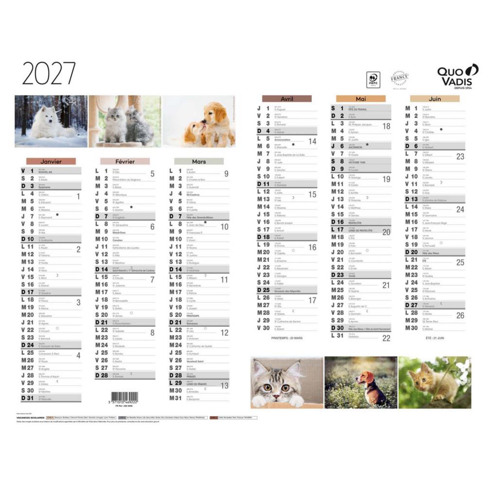 Calendrier annuel Quo Vadis 6 mois par face 43 x 33,5 cm - Chiens et Chats - Janvier � D�cembre 2027