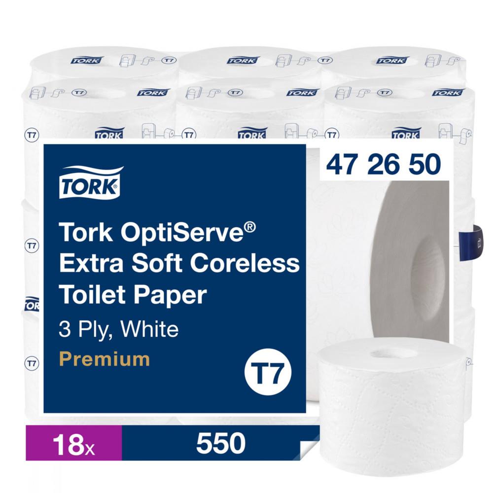 Papier toilette Tork OptiServe - T7- Rouleau de 550 feuilles - 3 plis - Sans mandrin Premium - Blanc - 472650 - Carton de 18 rouleaux