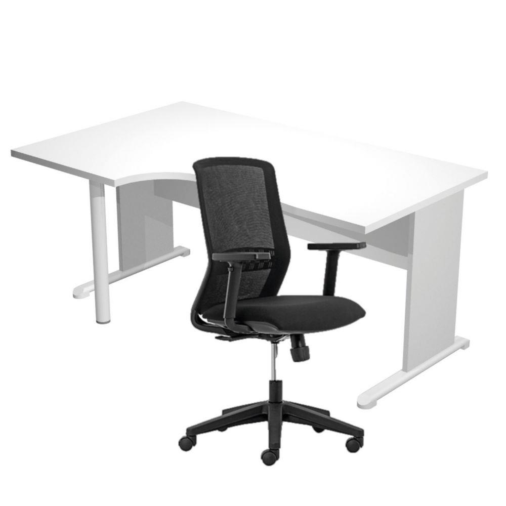 Pack Bureau d'angle compact � gauche Pulse Bois - L160 x P100 cm Blanc - Pieds L Aluminium + fauteuil Tekna Noir