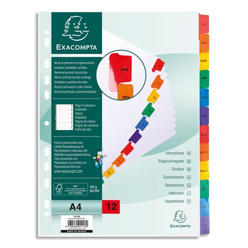 Intercalaire mensuel Exacompta - 12 positions carte blanche 170g - A4
