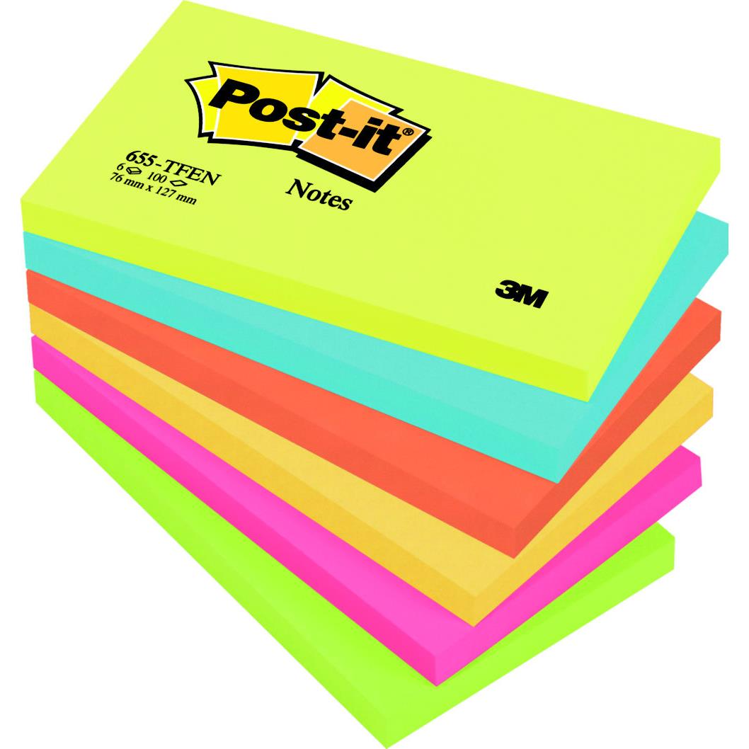 Notes Post-it coloris assortis Energie - 76 x 127 mm de 100 feuilles - lot de 6