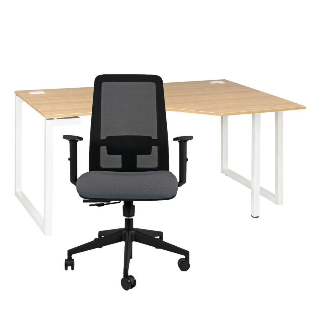 Pack bureau d'angle compact retour  droite Nexus L160 x P105 cm - Chne pieds Blanc + sige Naa maille Anthracite