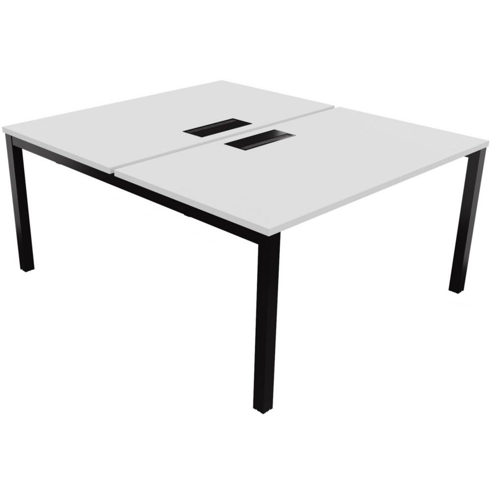 Bureau bench 2 postes Osmose d�part L140 x P163 cm Plateaux Blanc avec trappe d'acc�s aux c�bles Pieds m�tal Noir