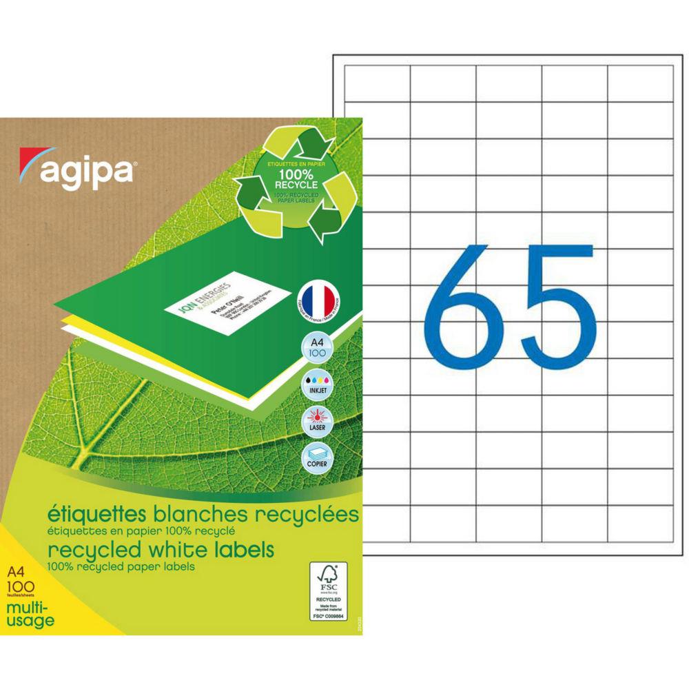 Etiquettes adresses recycles blanches Apli - 38 x 21,2 mm - 100 feuilles A4 - 6500 tiquettes par bote