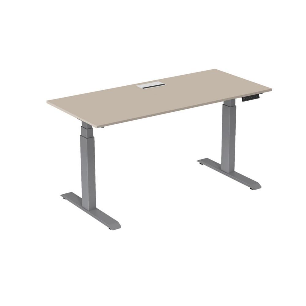Bureau �lectrique hauteur r�glable Nova L180 cm plateau avec top access Argile - pieds m�tal Gris