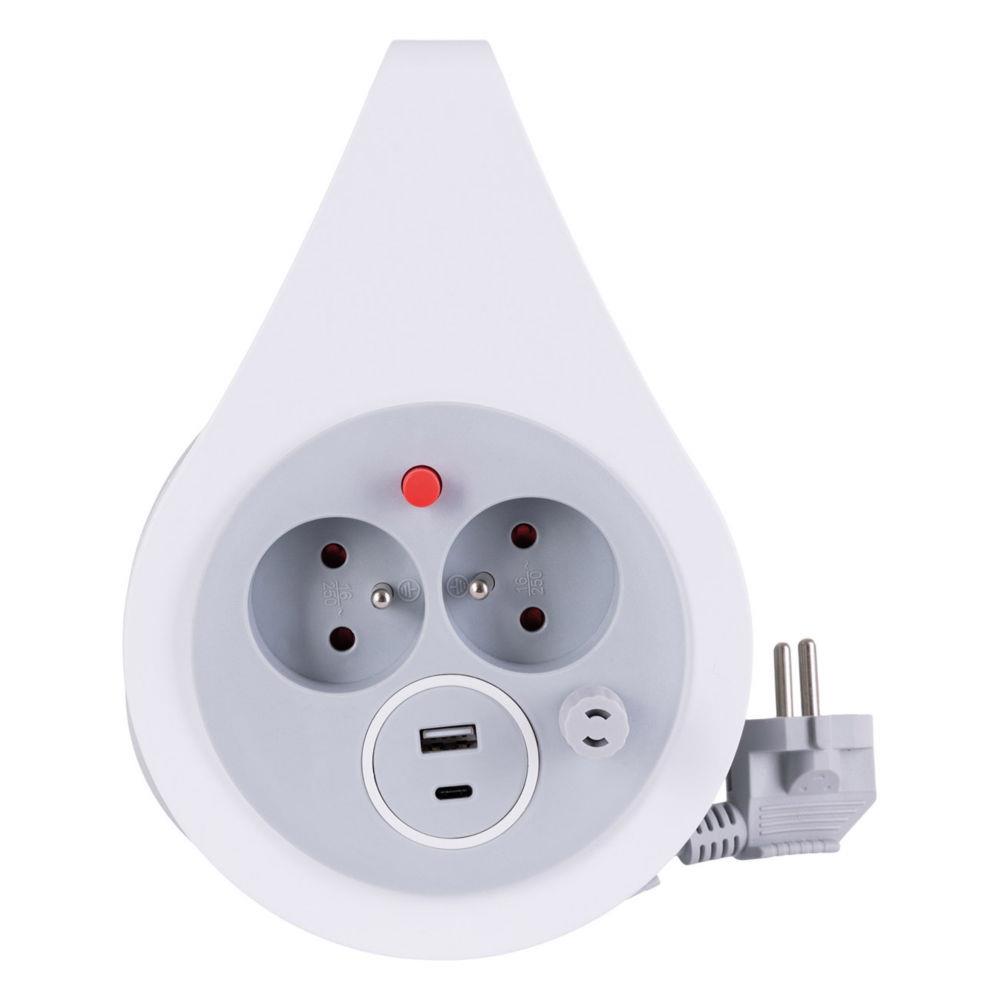Mini enrouleurs 2 prises 16A Zenitech + 2 USB - Gris
