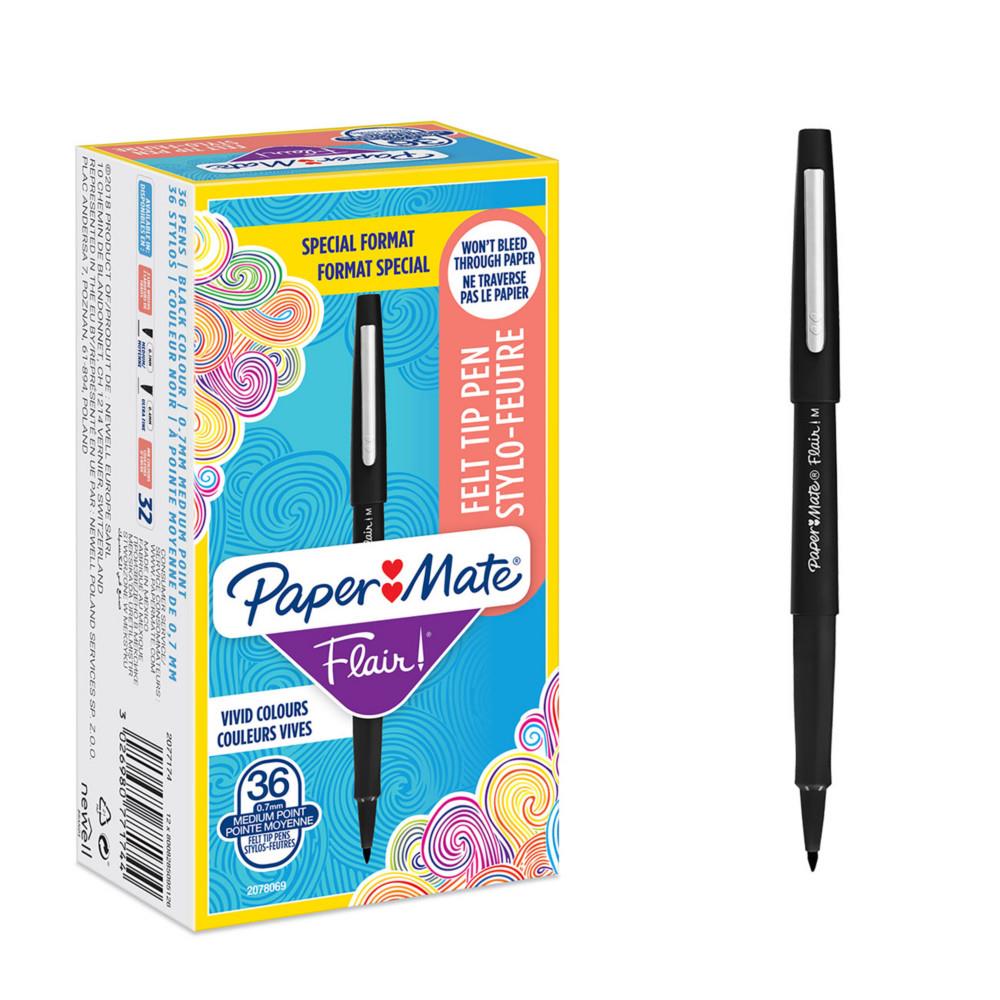 Stylo feutre  capuchon Paper Mate Flair Original pointe moyenne 1 mm - Noir - Pack de 30 + 6 OFFERTS