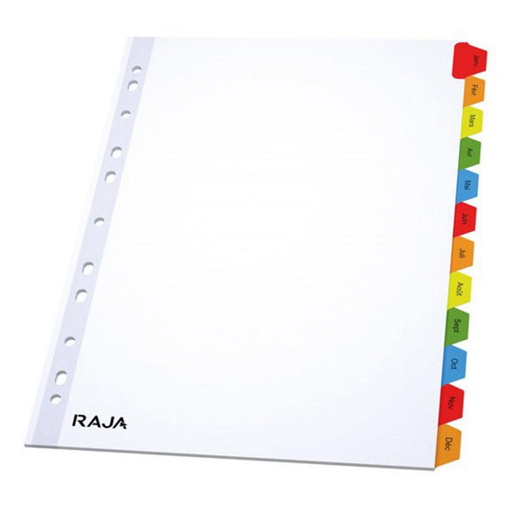 Intercalaires mensuels A4 RAJA en bristol 170g blanc - 12 divisions couleur