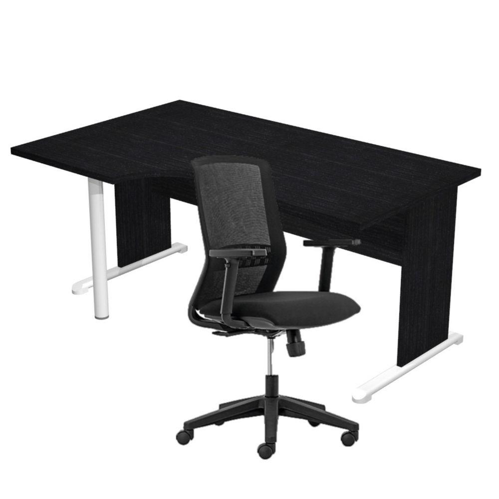 Pack Bureau d'angle compact � gauche Pulse Bois - L160 x P100 cm Noir - Pieds L Noir + fauteuil Tekna Noir