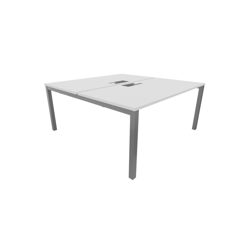 Bureau bench 2 postes Osmose avec trappe d'acc�s aux c�bles - module d�part L140 x P163 cm Plateaux Blanc Pieds m�tal Aluminium