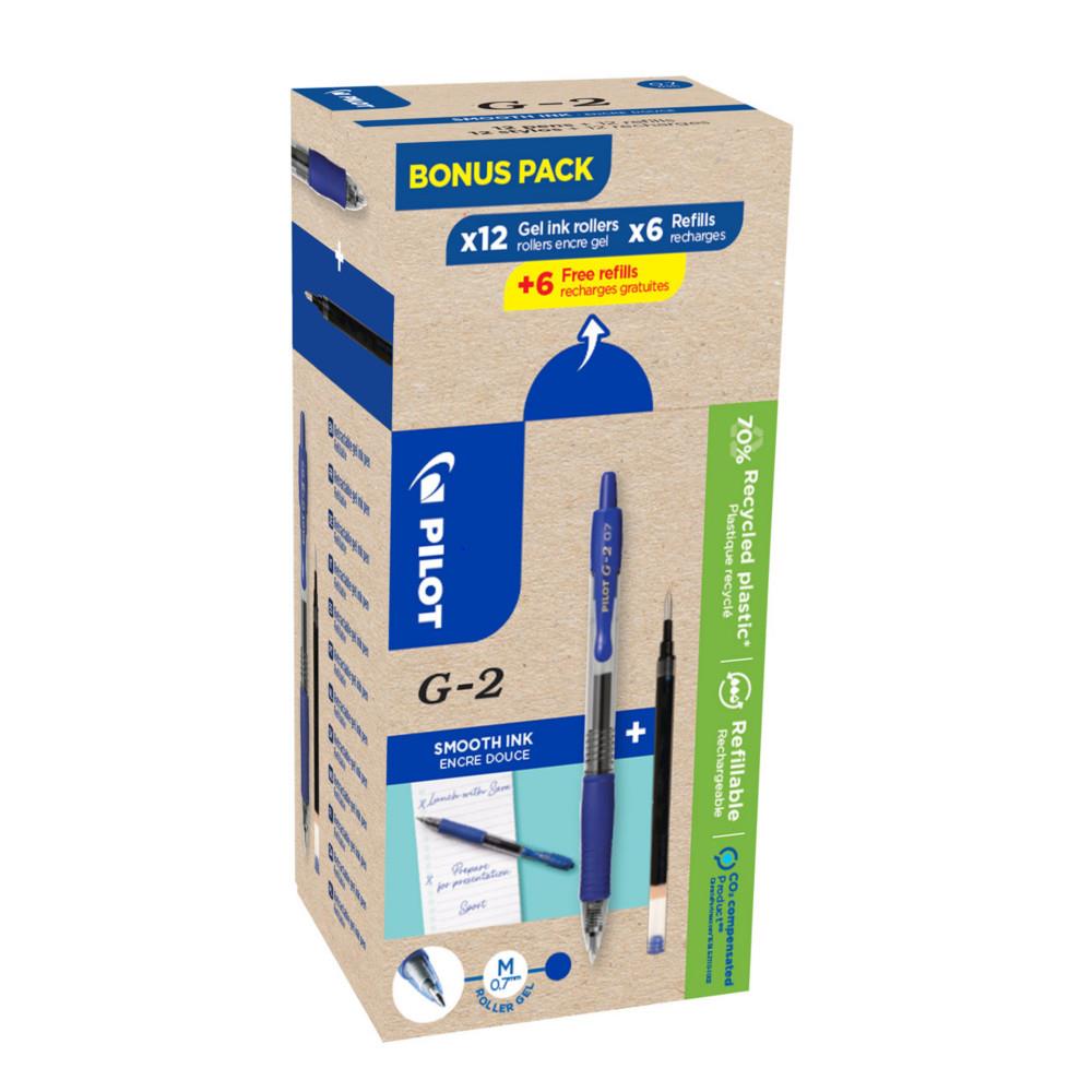 Eco pack Pilot G2-07 - stylo encre gel rtractable - pointe moyenne 0,7 mm - corps bleu transparent avec zone de prhension - encre bleue - 12 stylos + 12 recharges dont 6 offertes - bote 24 units
