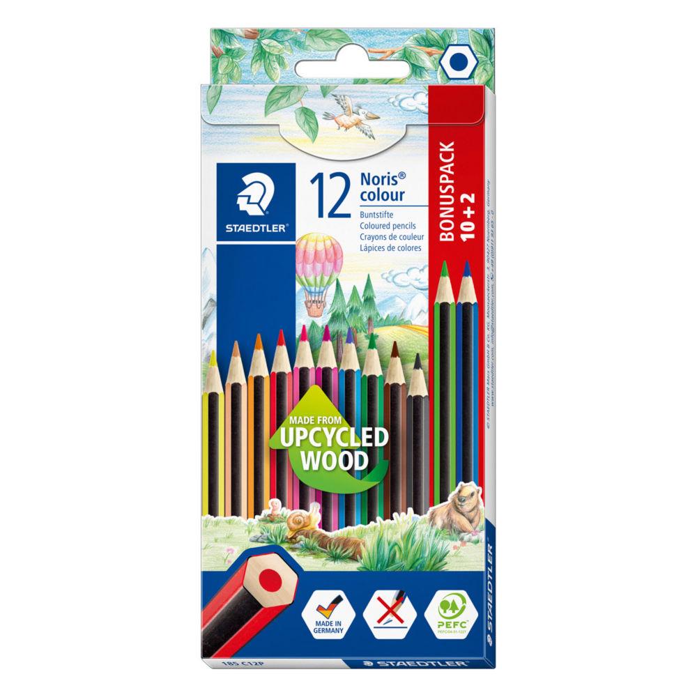 Crayon de couleur Staedtler Noris 185 hexagonal en bois upcycl� coloris assortis - Etui de 10 + 2 offerts