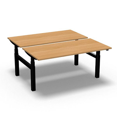 Ensemble de 2 tables de bureau rectangulaires Easy Up L. 160 x P. 80 cm dcor htre saumon sur pitement finition noir rglable en hauteur par commande lectrique